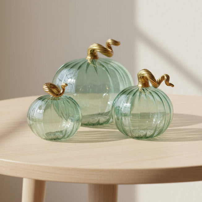 Ethically fair trade green handblown glass pumpkins with gold stems 