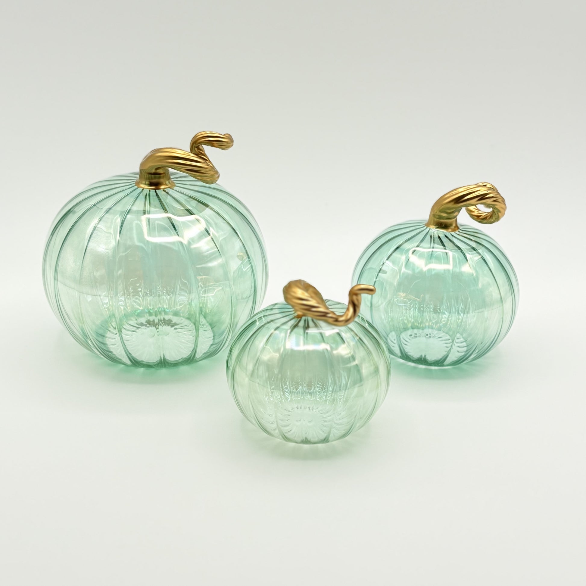 Blown Glass Tabletop Pumpkin - Iridescent Emerald with Gold Stem