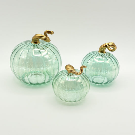 Blown Glass Tabletop Pumpkin - Iridescent Emerald with Gold Stem