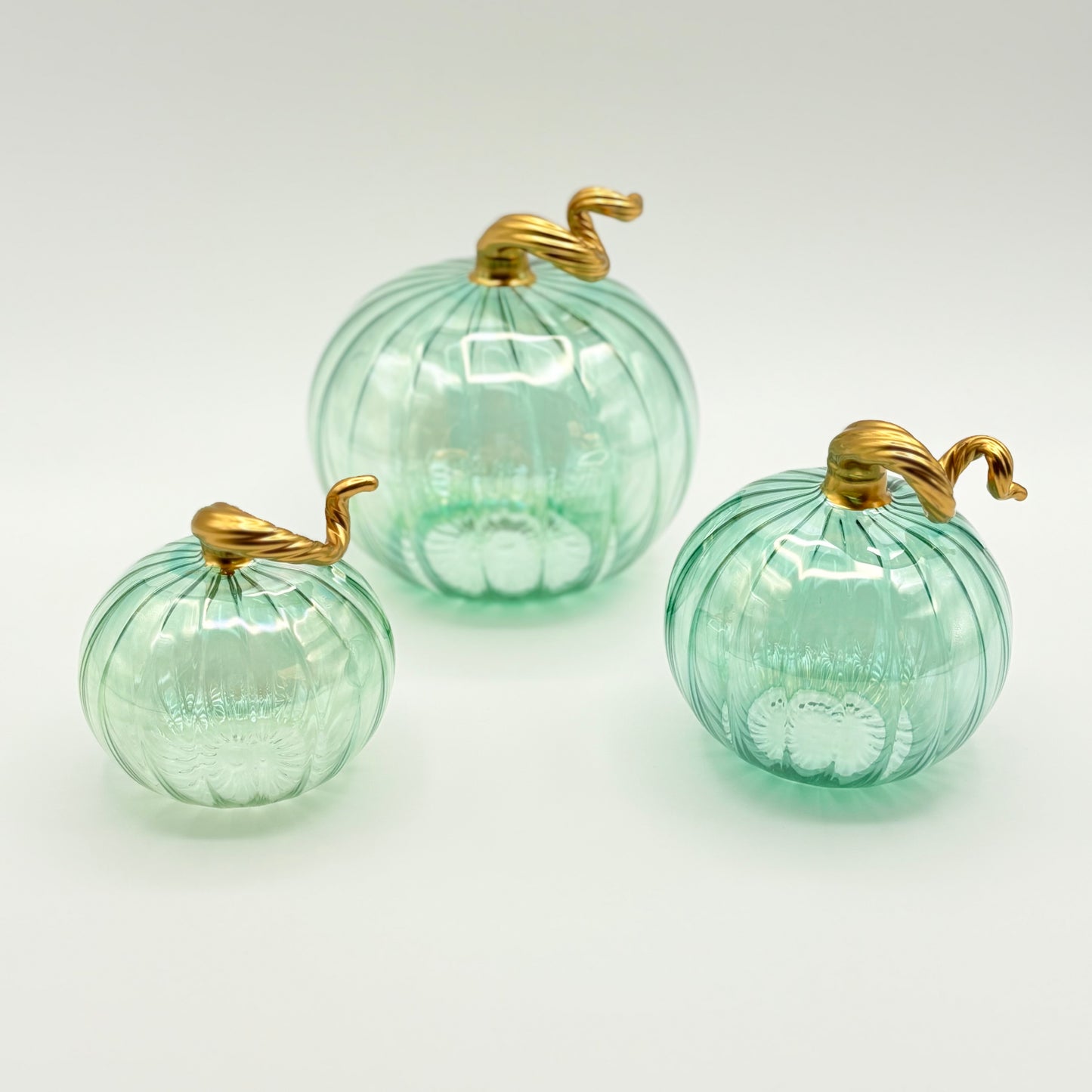 Blown Glass Tabletop Pumpkin - Iridescent Emerald with Gold Stem