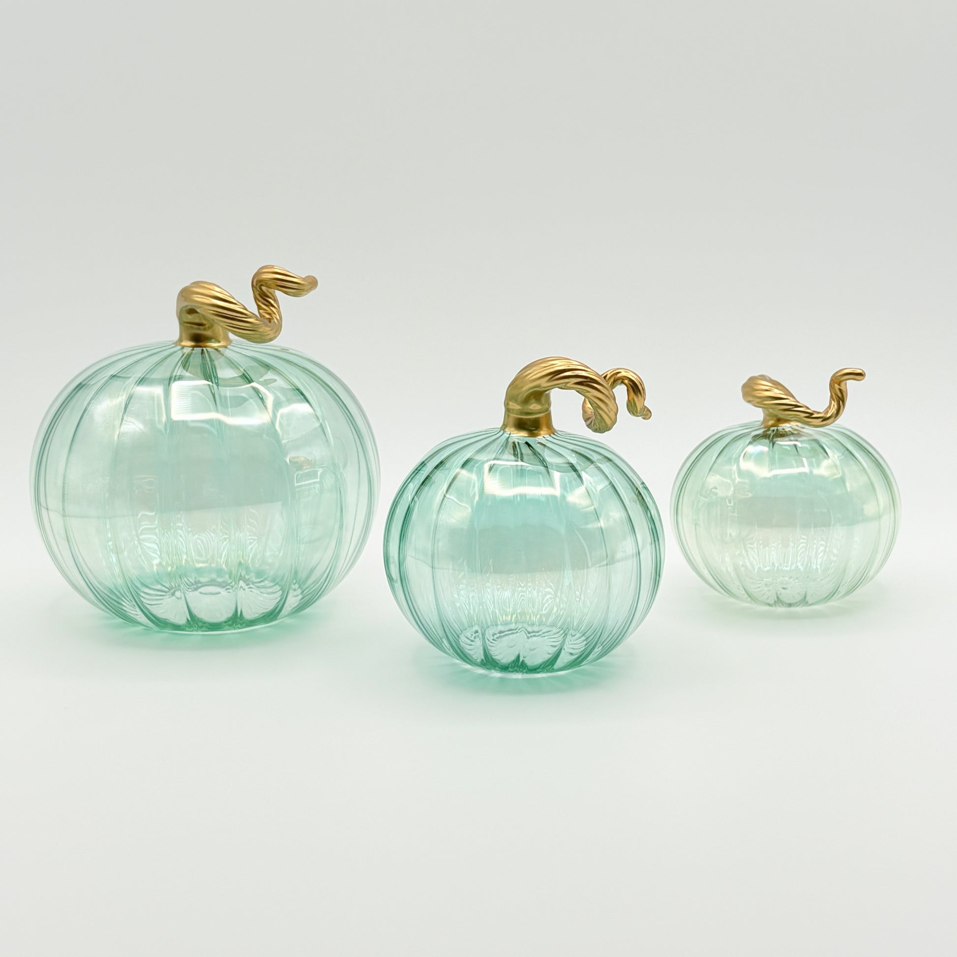 Blown Glass Tabletop Pumpkin - Iridescent Emerald with Gold Stem