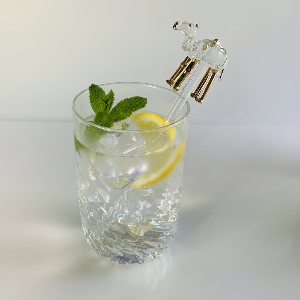 Fair Trade Blown Glass Cocktail Stirrer - Camel, clear with gold detail, Sustainable, Ethically Handmade