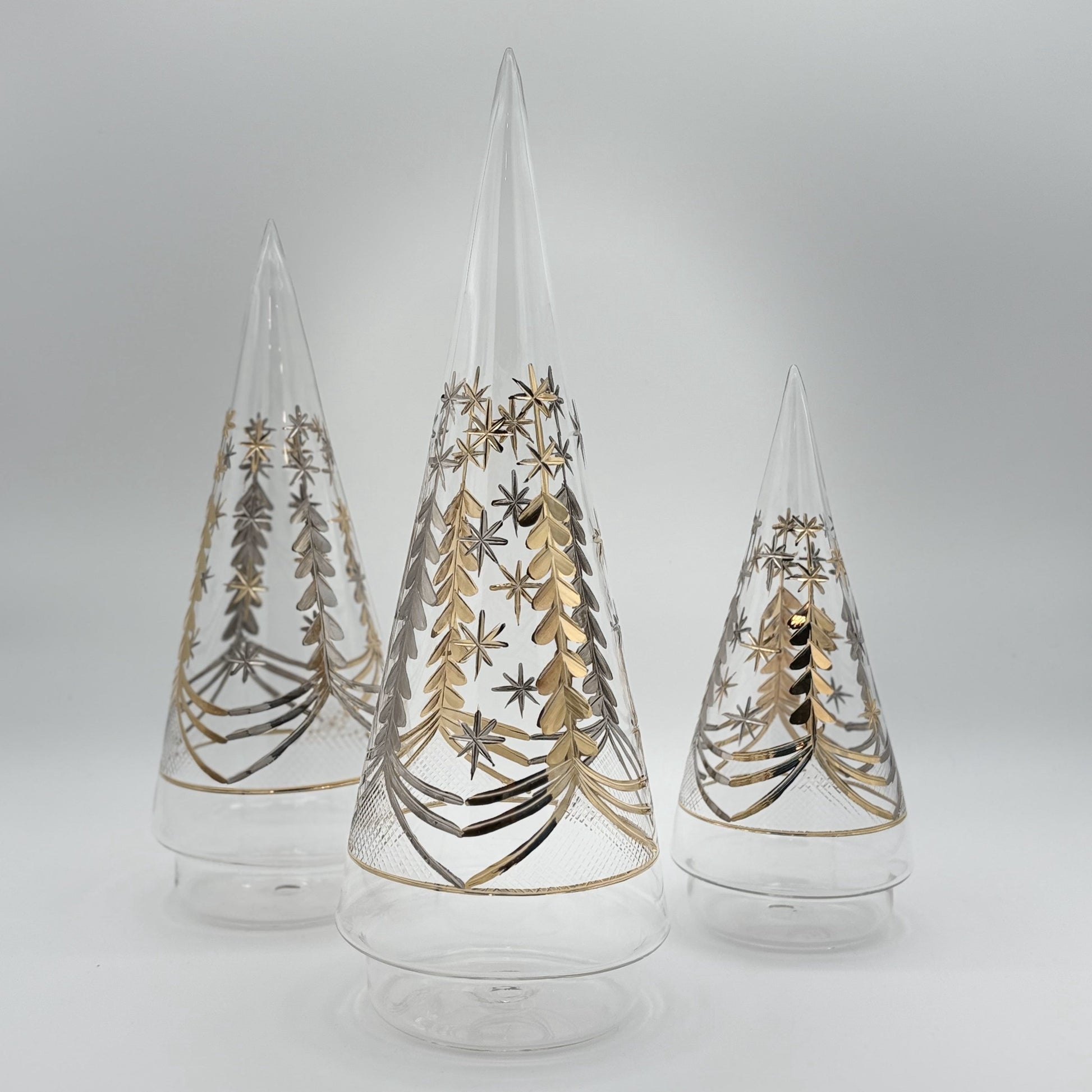 Blown Glass Tabletop Christmas Tree - Cone Engraved Silver & Gold