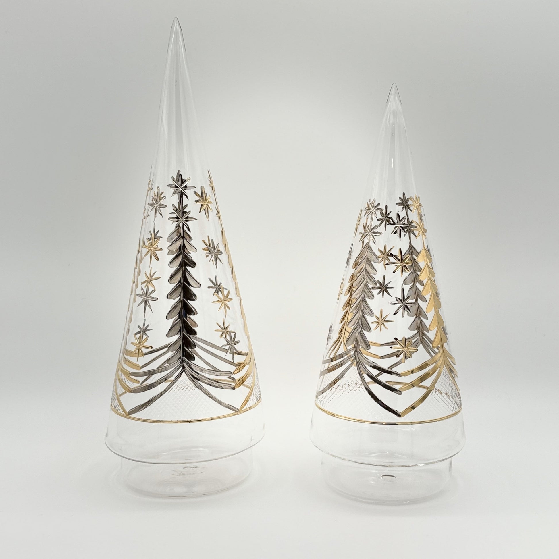 Blown Glass Tabletop Christmas Tree - Cone Engraved Silver & Gold