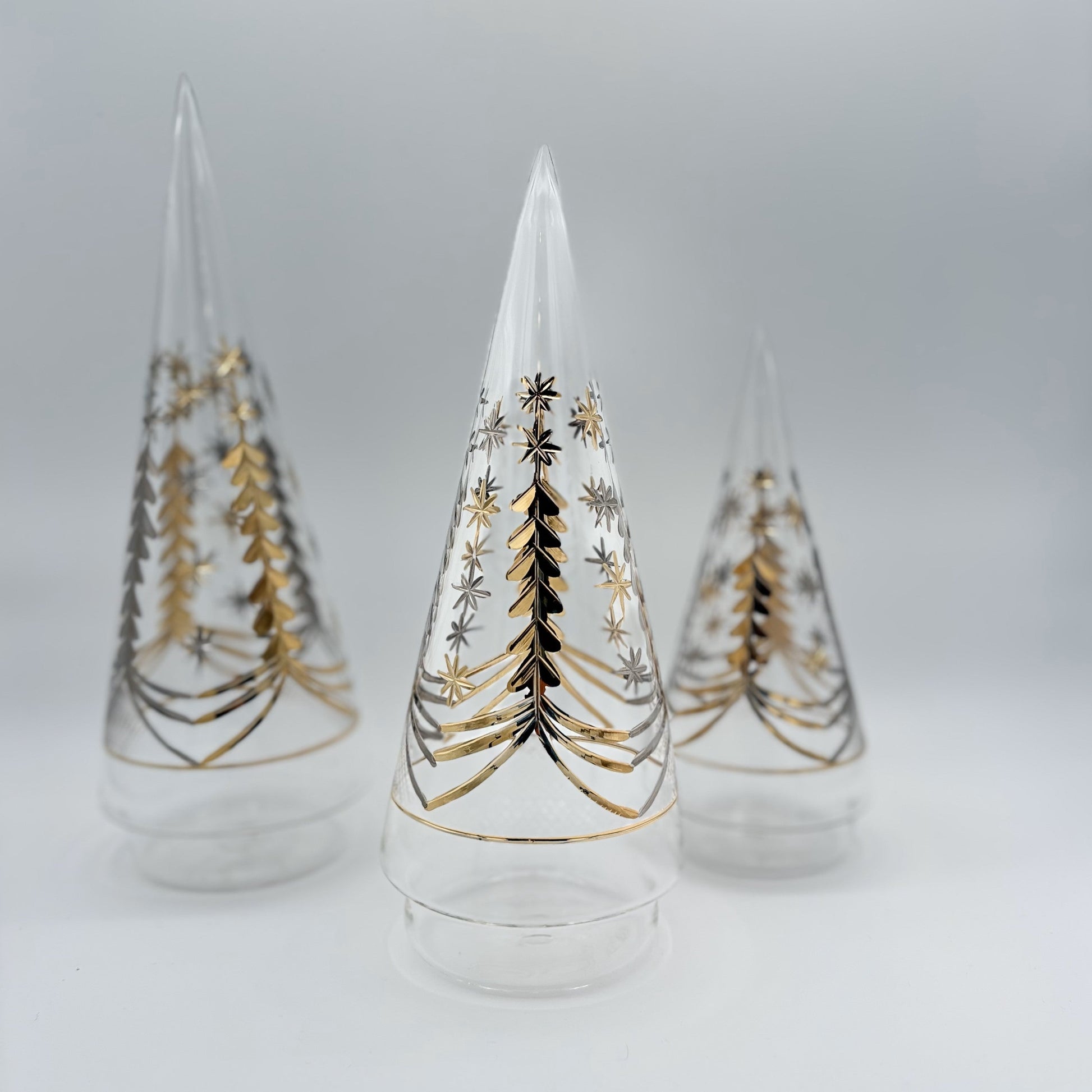 Blown Glass Tabletop Christmas Tree - Cone Engraved Silver & Gold