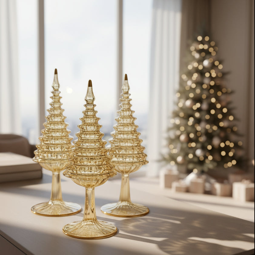 Decorative handblown glass iridescent yellow Christmas trees with gold highlights, ethically handcrafted