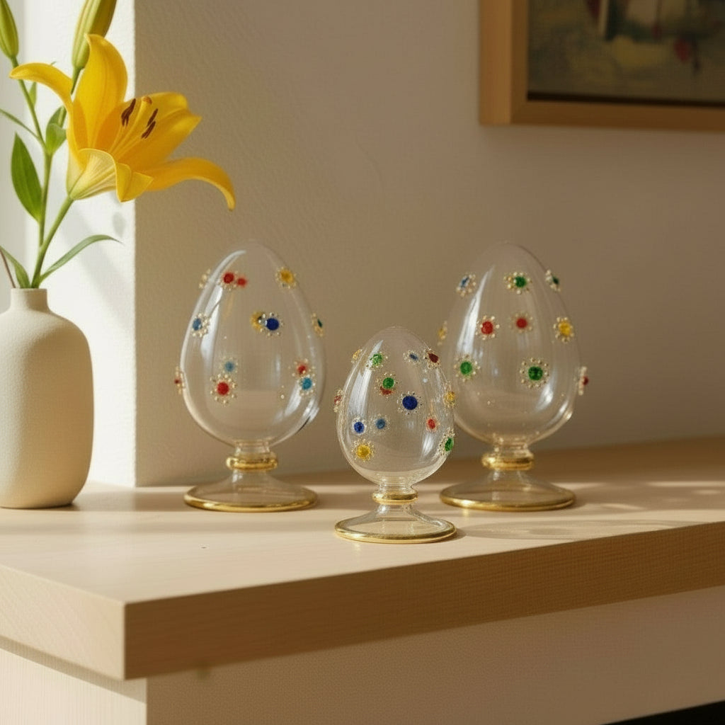 Fair Trade Blown Glass Tabletop Egg - Colored Gems, Ethically Sustainably Handmade, Faberge-inspired