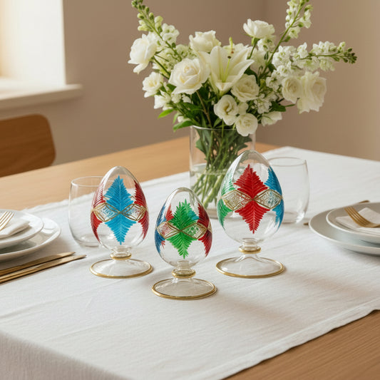 Fair Trade Hand-Blown Glass Tabletop Egg - Palm Leaves Red, Green & Blue, Ethically Handmade, Artisanal Decor, Faberge-inspired Easter Eggs