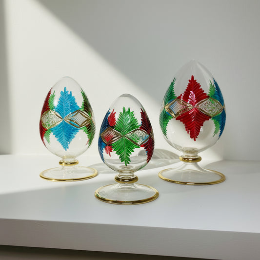 Fair Trade Hand-Blown Glass Tabletop Egg - Palm Leaves Red, Green & Blue, Ethically Handmade, Artisanal Decor, Faberge-inspired Easter Eggs