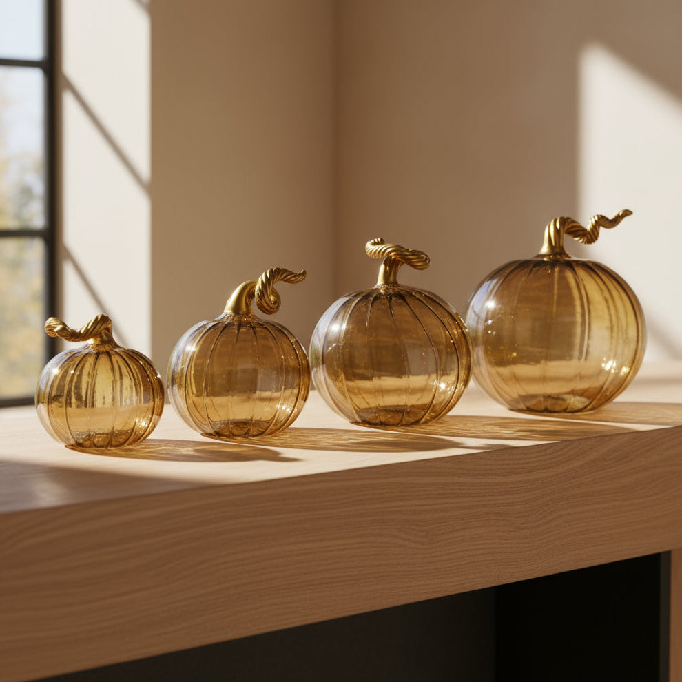 Set of amber cinnamon handblown glass pumpkins with gold stems