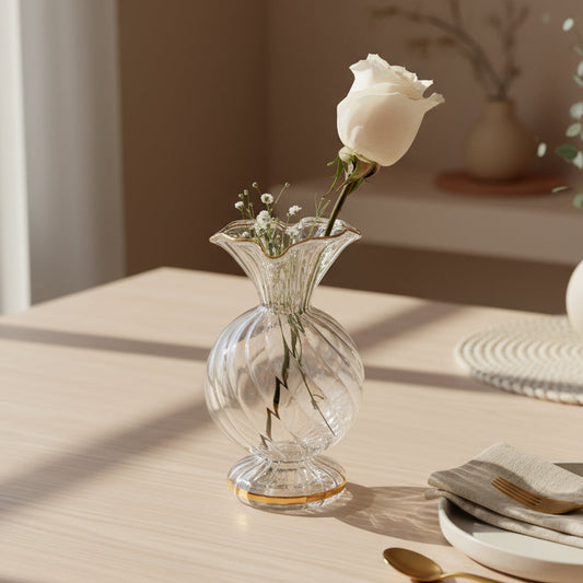 Clear iridescent handblown glass vase, ethically handcrafted, fair trade