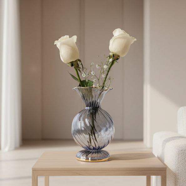 Handblown glass blue bud vase with gold trims