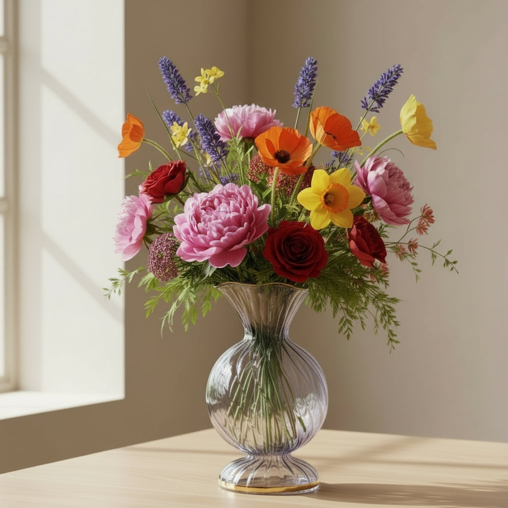 Fair Trade Handblown glass blue bud vase with gold trims, Ethically handmade