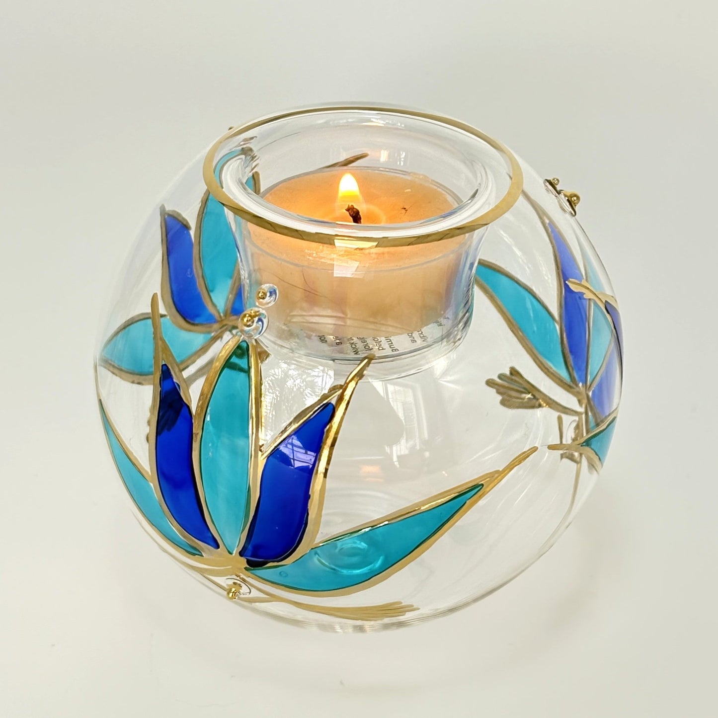 Blown Glass Candle Holder - Lotus Blue & Turquoise