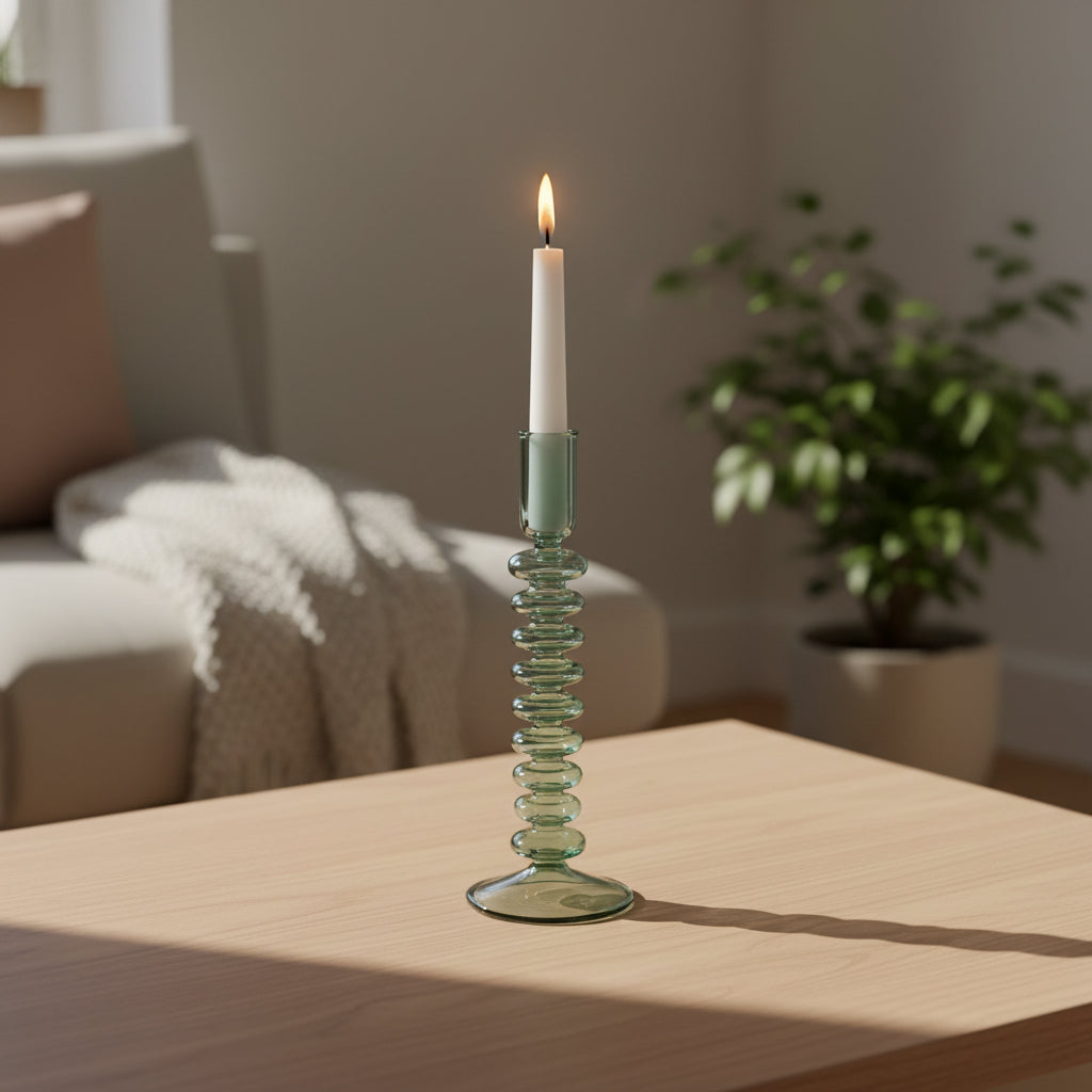 Blown Glass Curvy Candle Holder - Green