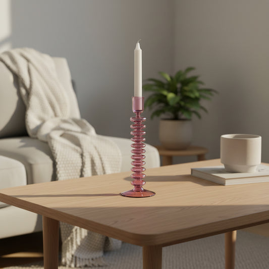 Blown Glass Curvy Candle Holder - Pink
