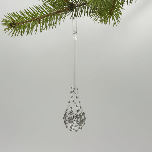 Handblown Glass Teardrop-shaped ornament with etched celestial stars and dots design painted in platinum, fair trade, ethically handmade