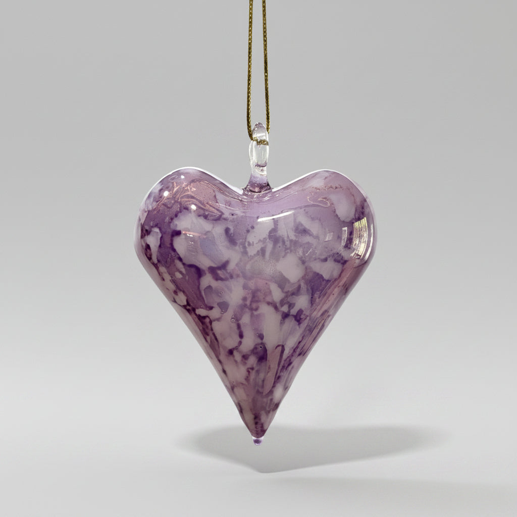 Blown glass heart-shaped ornament  with marbled white and lavender design, fair trade