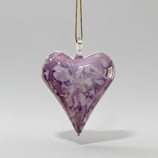 Blown glass heart-shaped ornament  with marbled white and lavender design, fair trade