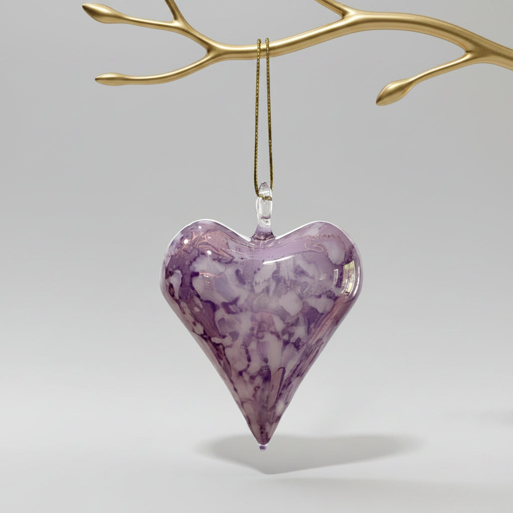 Blown glass heart-shaped ornament  with marbled white and lavender design, fair trade