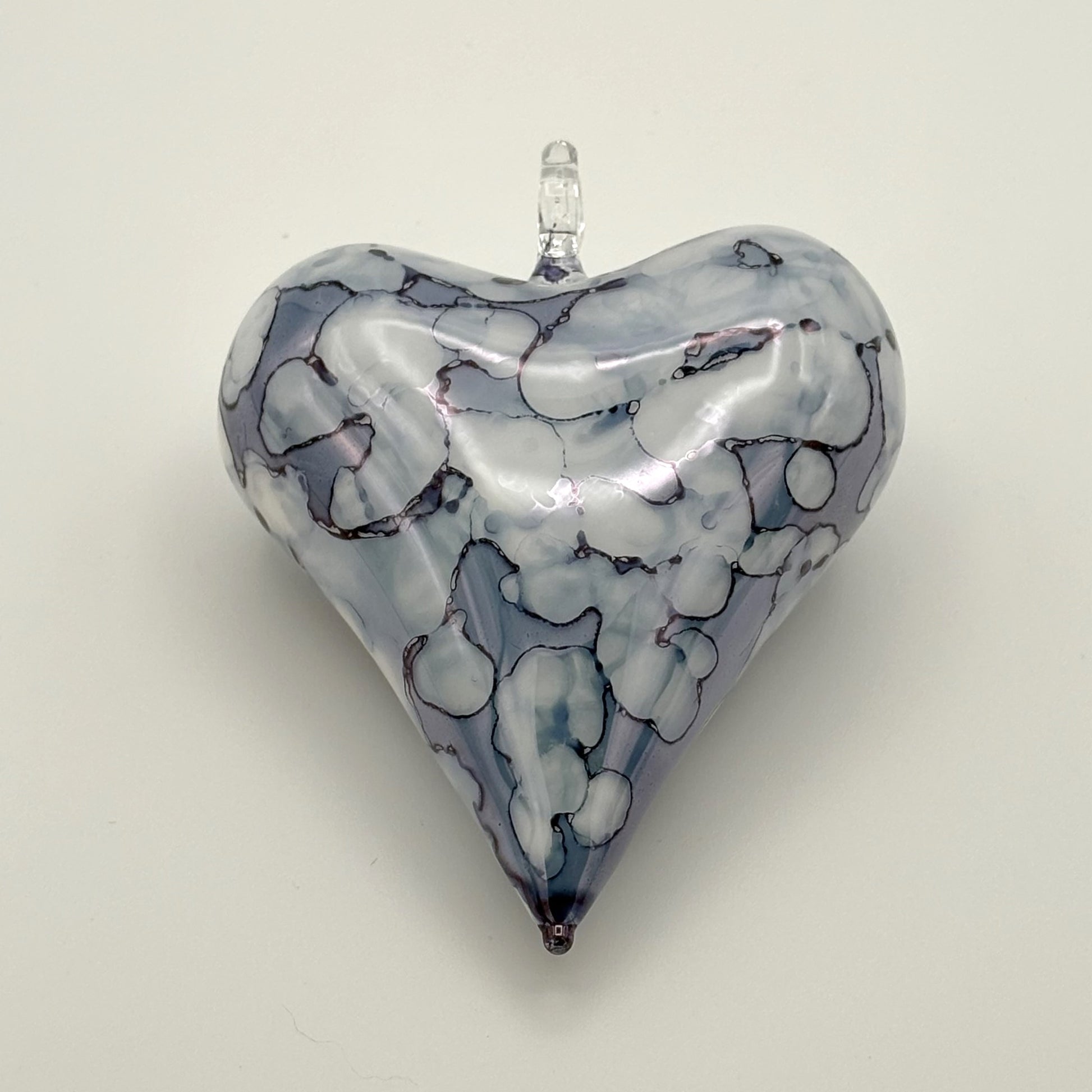 Blown Glass Ornament - Heart: White & Blue