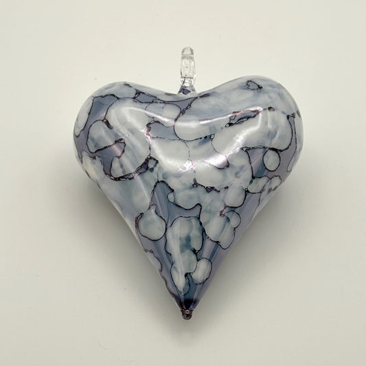 Blown Glass Ornament - Heart: White & Blue