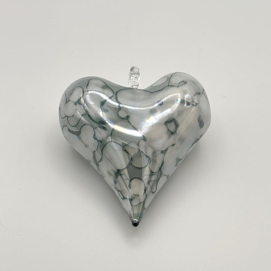 Blown Glass Ornament - Heart: White & Green