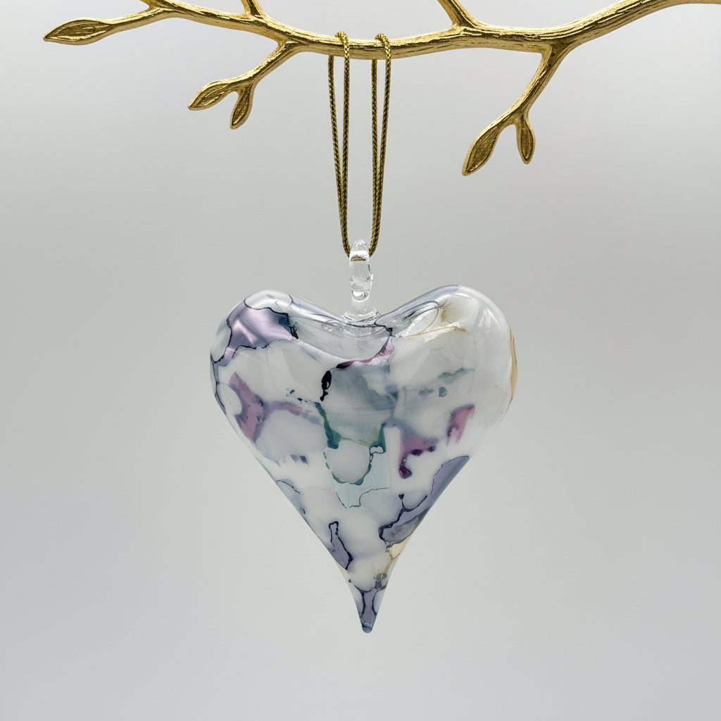 Fair Trade Handblown Glass Marbled Blue Heart Ornament, Ethically Handmade