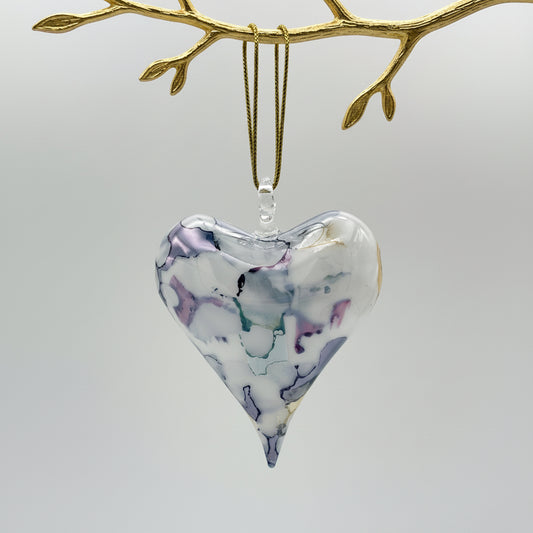 Fair Trade Handblown Glass Marbled Blue Heart Ornament, Ethically Handmade