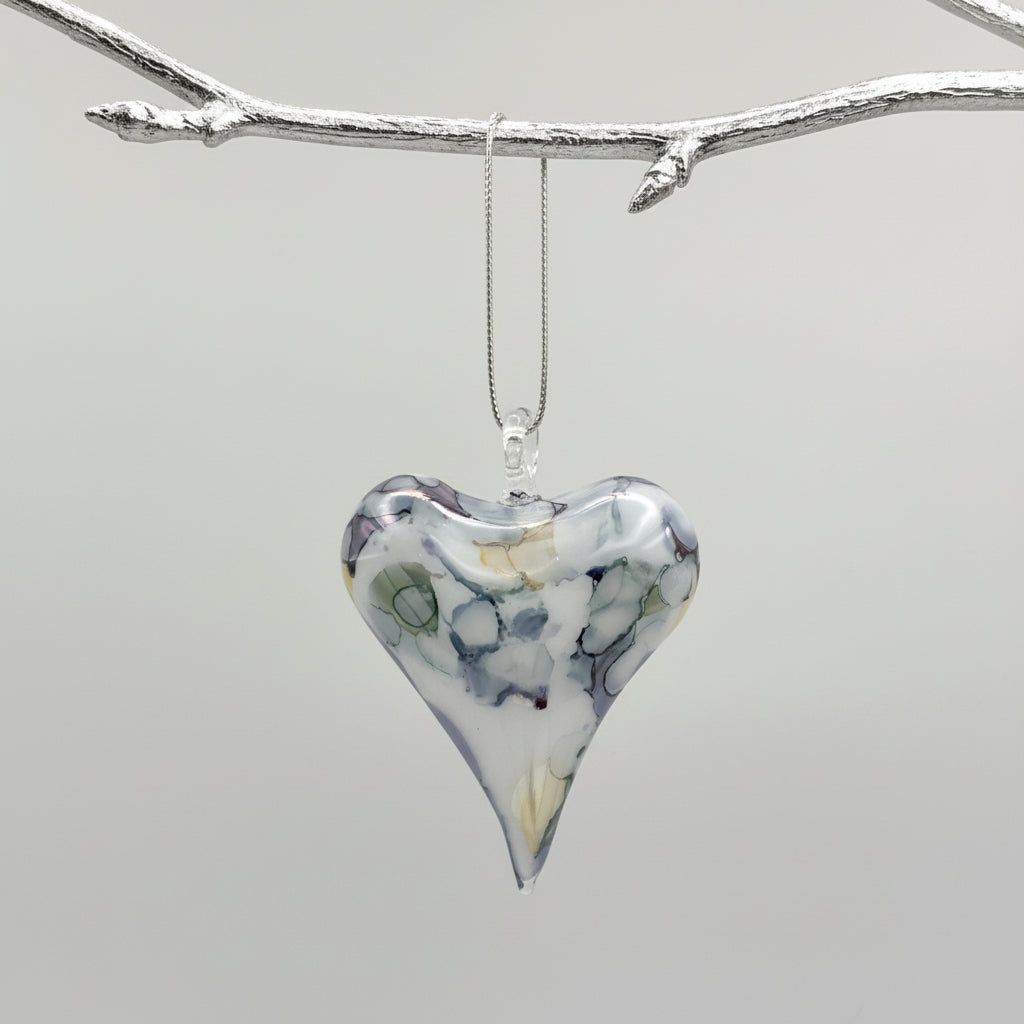 Fair Trade Handblown Glass Heart Ornament, Blue Marbled, Ethically Handmade