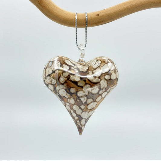 Ethically Handblown Glass Heart Ornament Marbled Brown, Fair Trade Handmade