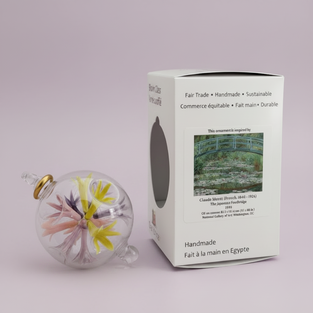 Blown glass floral design ornament inspired by Monet's The Japanese Footbridge with box, fair trade handmade