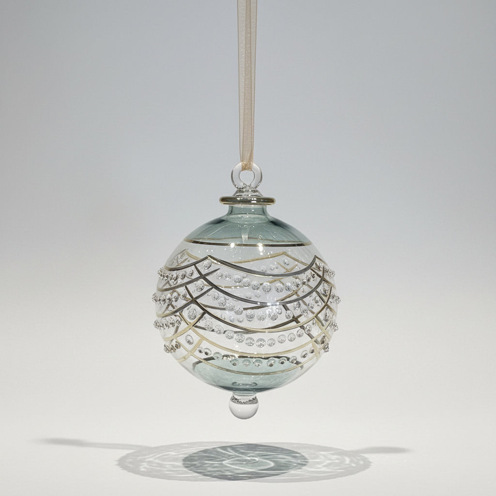 Handblown glass ornament with Art Decor Style Design, painted in gold and green