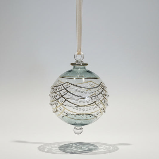 Handblown glass ornament with Art Decor Style Design, painted in gold and green