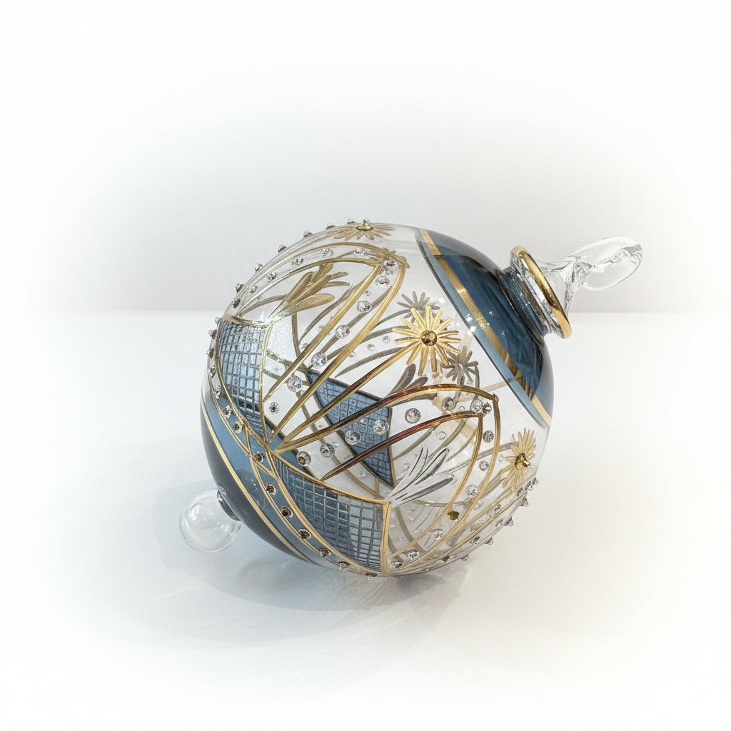 Hand-blown glass bauble ornament with a blue and gold painted design