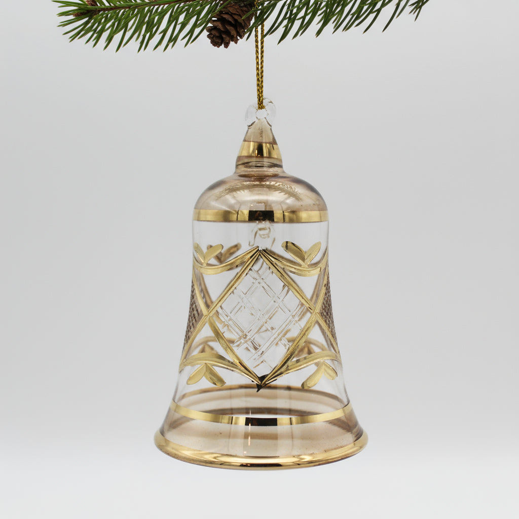 Fair Trade Handblown Glass Engraved Bell Ornament with Gold Details