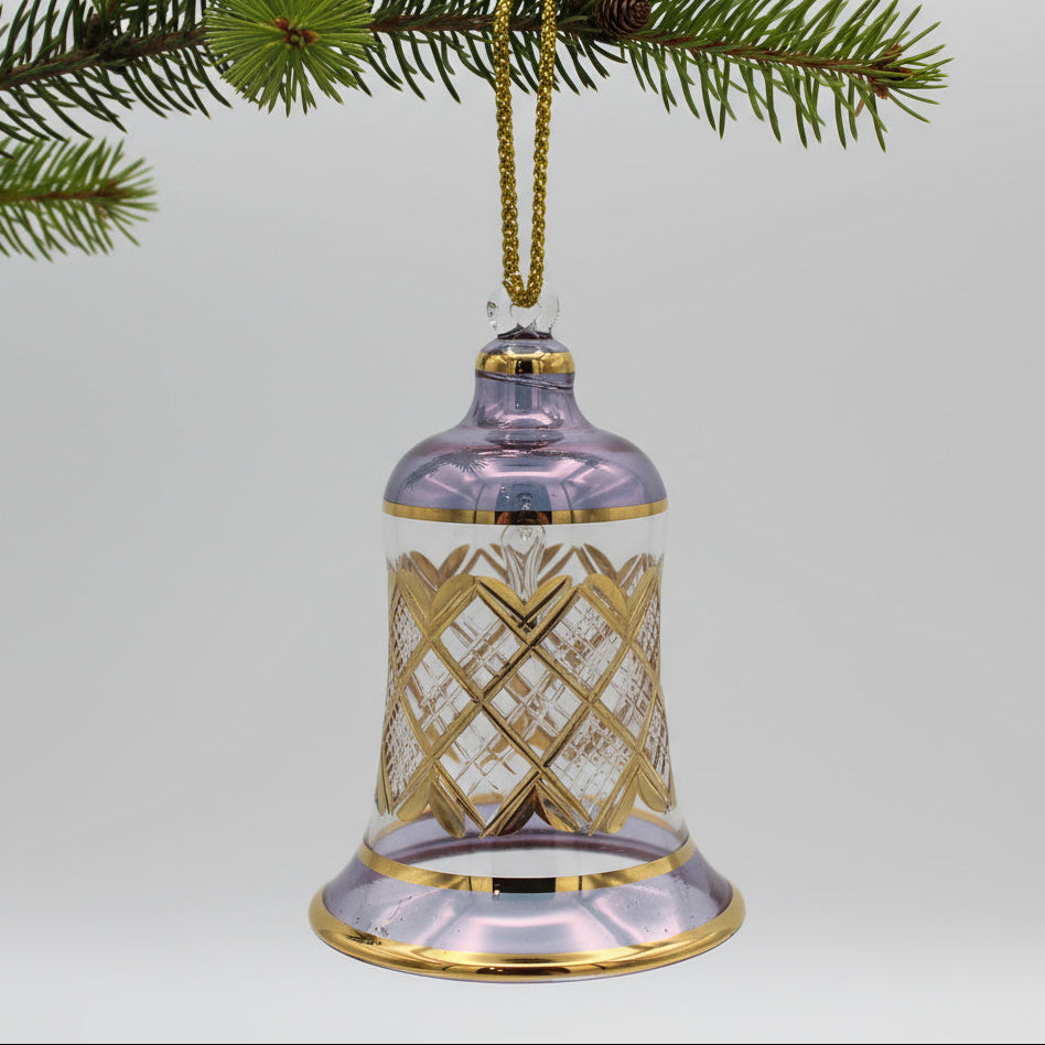 Fair Trade Handblown Glass Engraved Bell Ornament with Gold Details