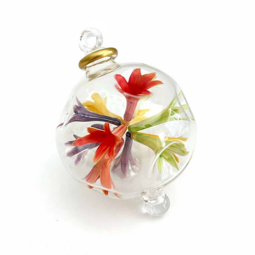 Handblown Glass Ornament with Floral Design Inspired by Paul Klee's Trees & Architecture Painting, Fair Trade Handcrafted