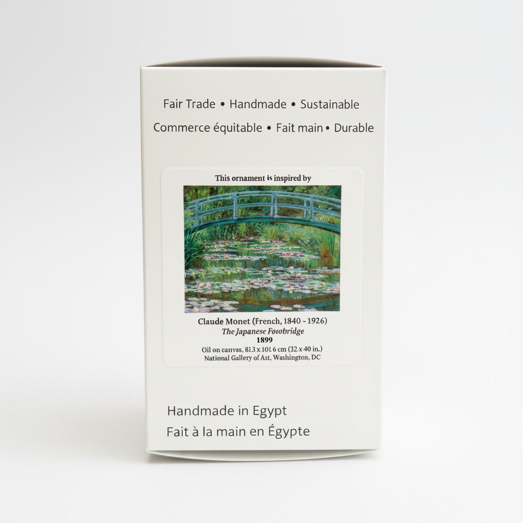 Hand-blown glass ornament inspired by Claude Monet's The Japanese Footbridge, fair trade handmade