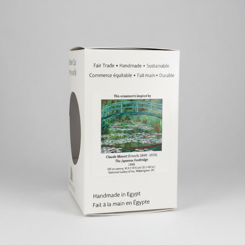 Hand-blown glass ornament inspired by Claude Monet's The Japanese Footbridge, fair trade handmade