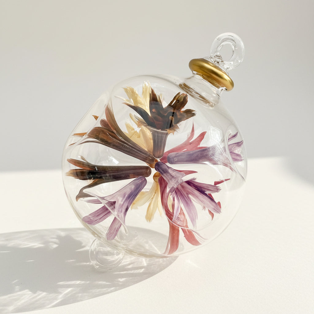 Fair trade hand-blown glass ornament with floral design inspired by Renoir's Bouquet of Chrysantemums, ethically handcrafted