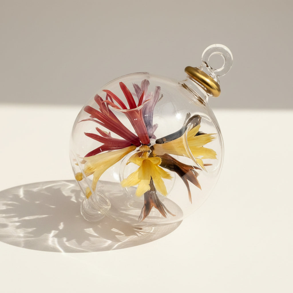 Fair trade hand-blown glass ornament with floral design inspired by Renoir's Bouquet of Chrysantemums, ethically handcrafted