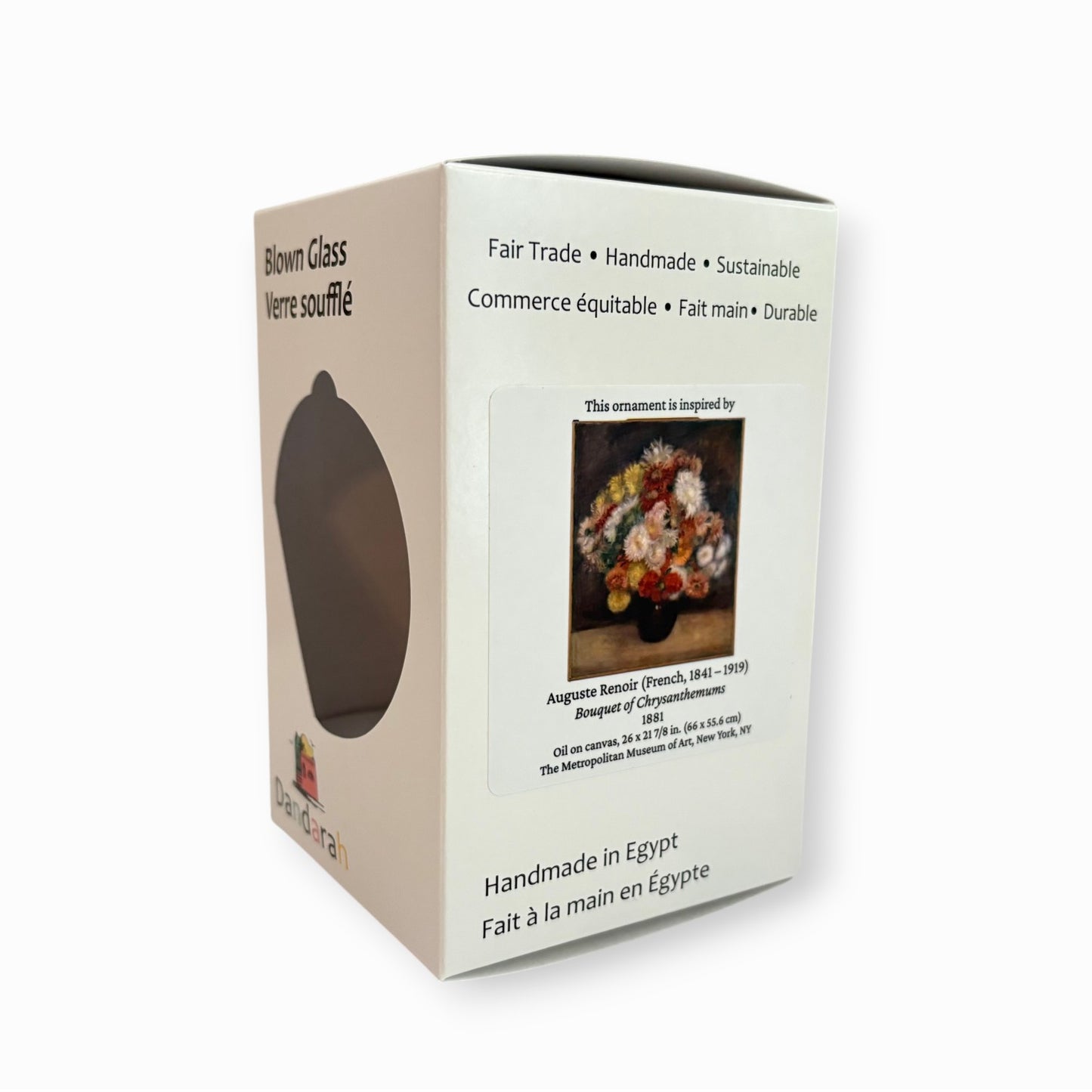White box packaging for blown glass ornaments inspired by Auguste Renoir's Bouquet of Chrysanthemums, fair trade handcrafted
