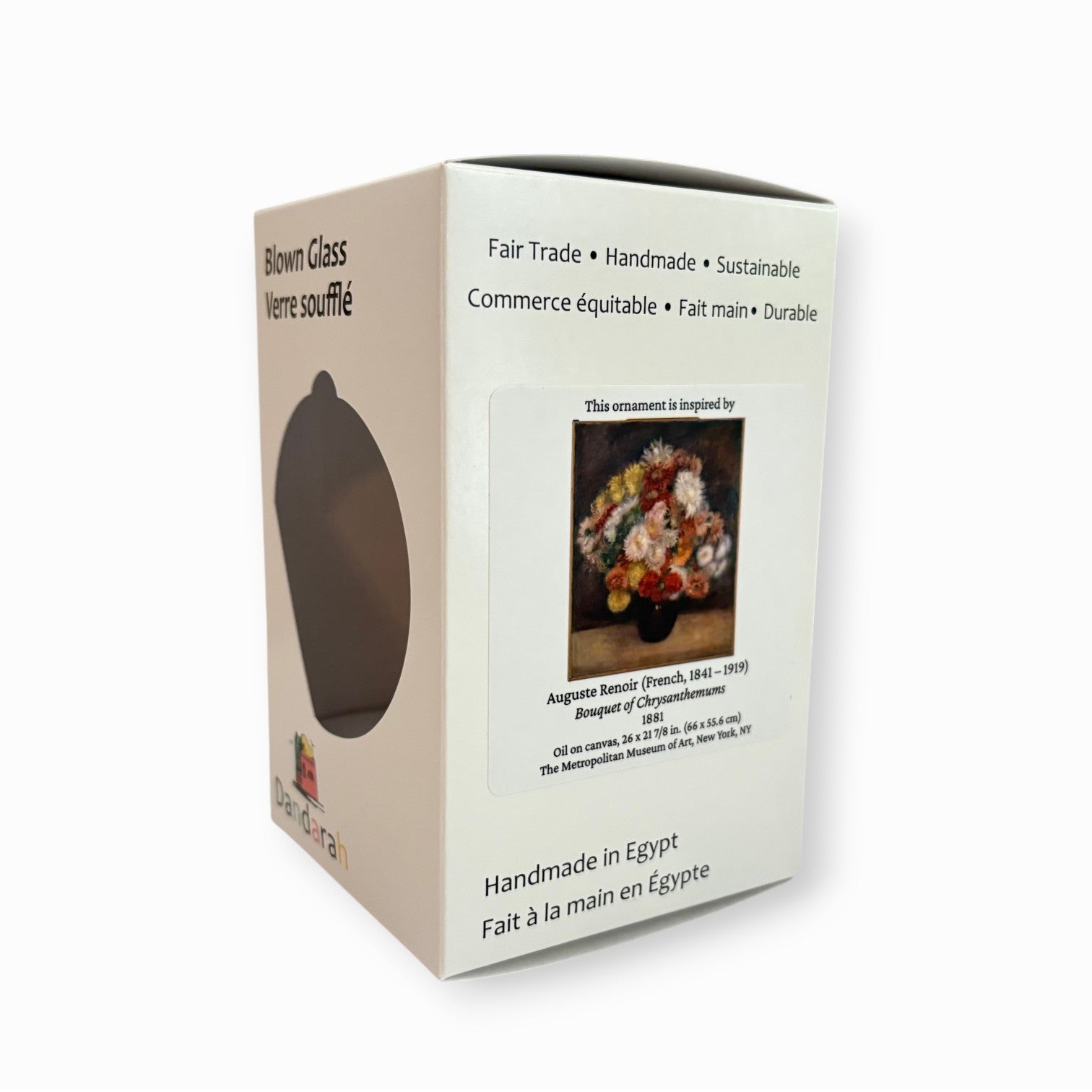 White box packaging for blown glass ornaments inspired by Auguste Renoir's Bouquet of Chrysanthemums, fair trade handcrafted