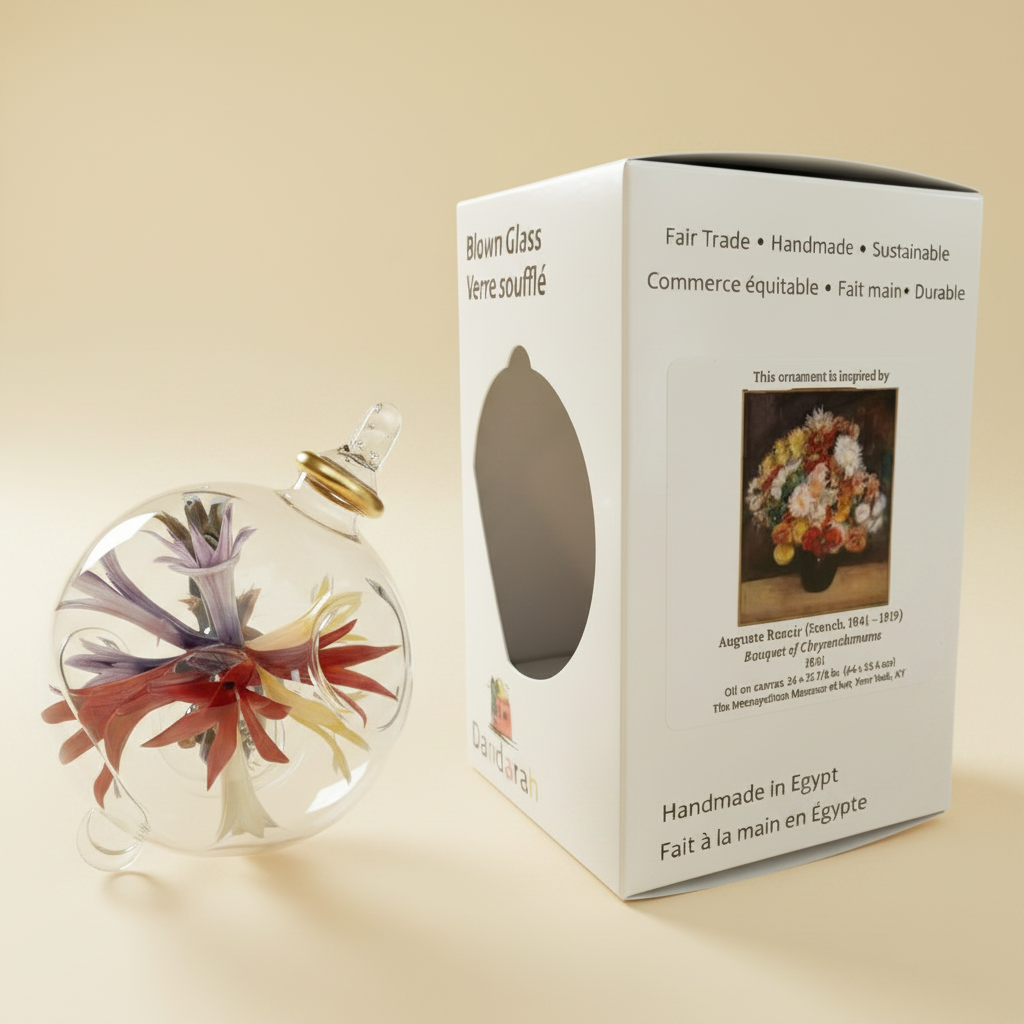 White box packaging for blown glass ornaments inspired by Auguste Renoir's Bouquet of Chrysanthemums, fair trade handcrafted