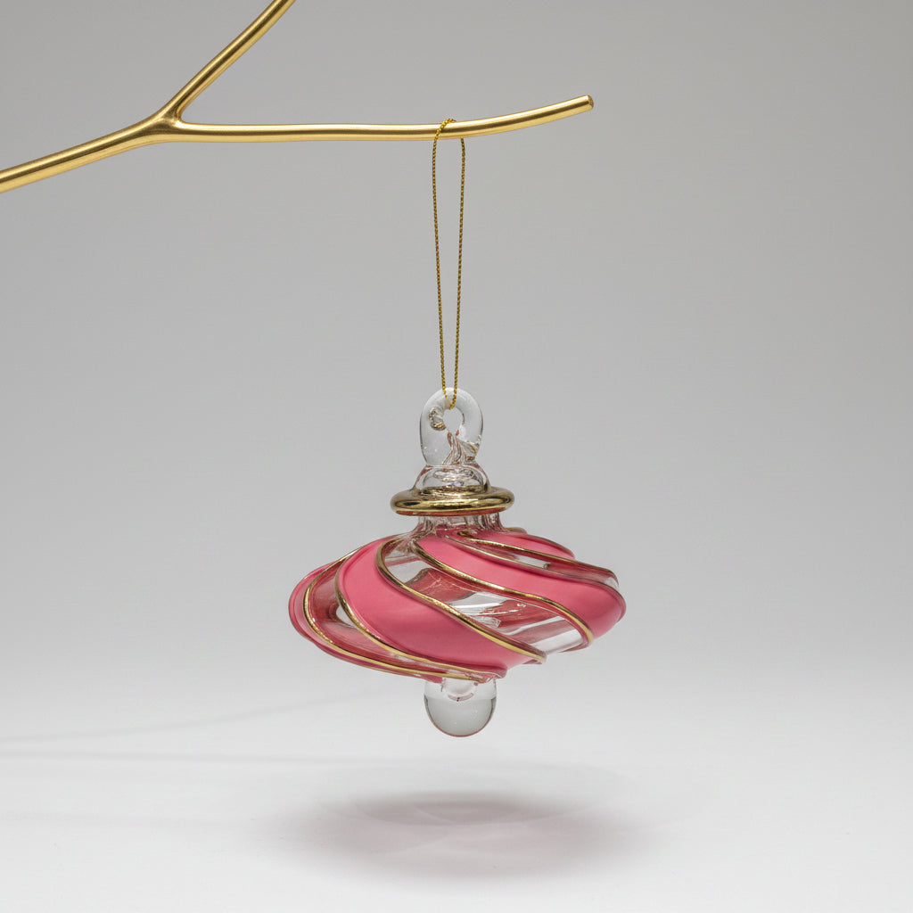 Blown glass ornament with pink and clear glass stripes with gold trim, Fair Trade Handcrafted