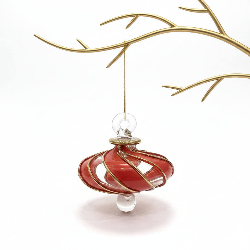 Blown Glass Small Ornament in the Shape of a Toupie with Clear and Red Swirls and Gold Trim, Fair Trade Handmade