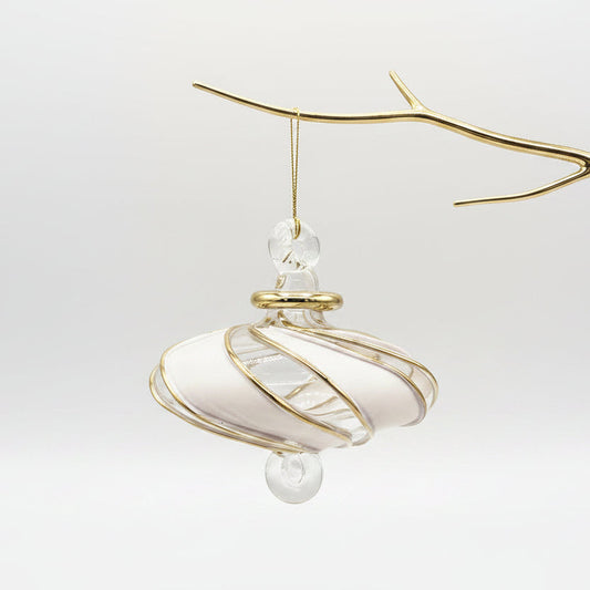 Blown Glass Small Ornament in the Shape of a Toupie with Gold and White Swirls