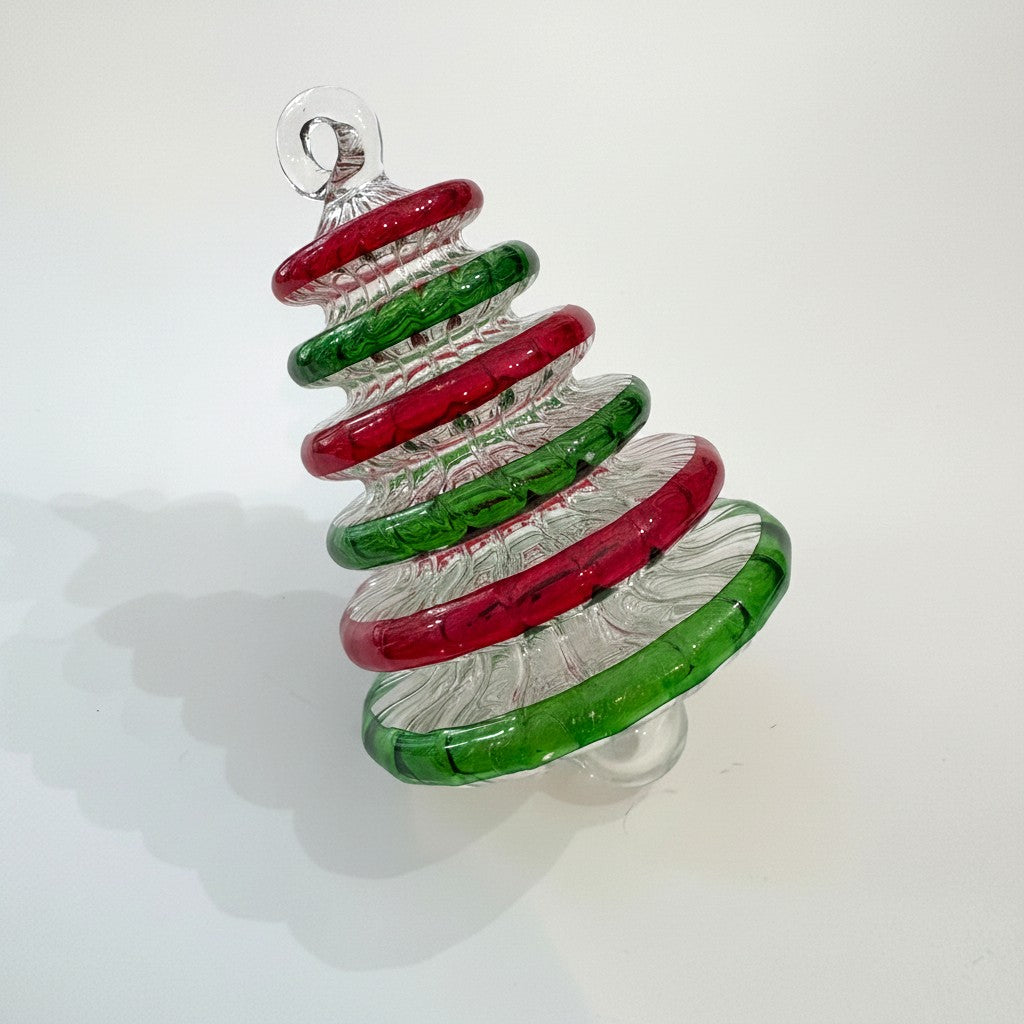 Handblown glass Christmas tree ornament with alternating red and green rings