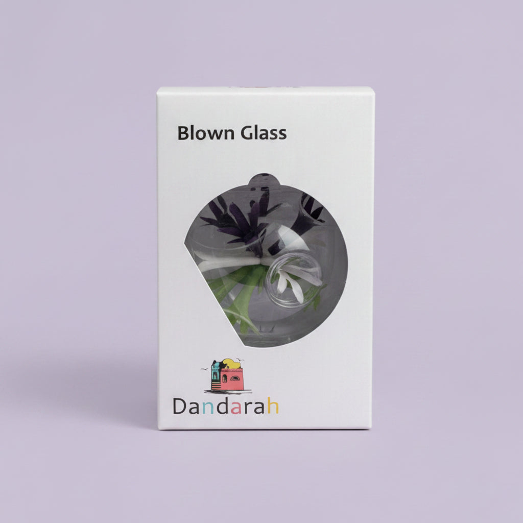 Dandarah ethically Handmade Blown Glass Ornament - Van Gogh Irises, Fair trade, packaging